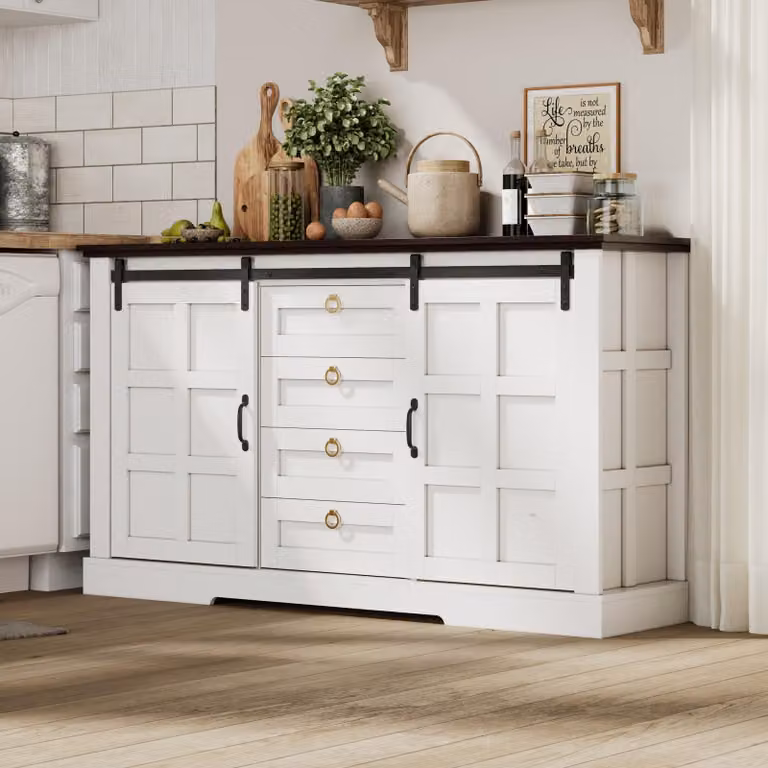 Credenza Merax con ante scorrevoli e 4 cassetti in stile country, cassettiera con ripiani regolabili in look vintage, per cucina, sala da pranzo/soggiorno