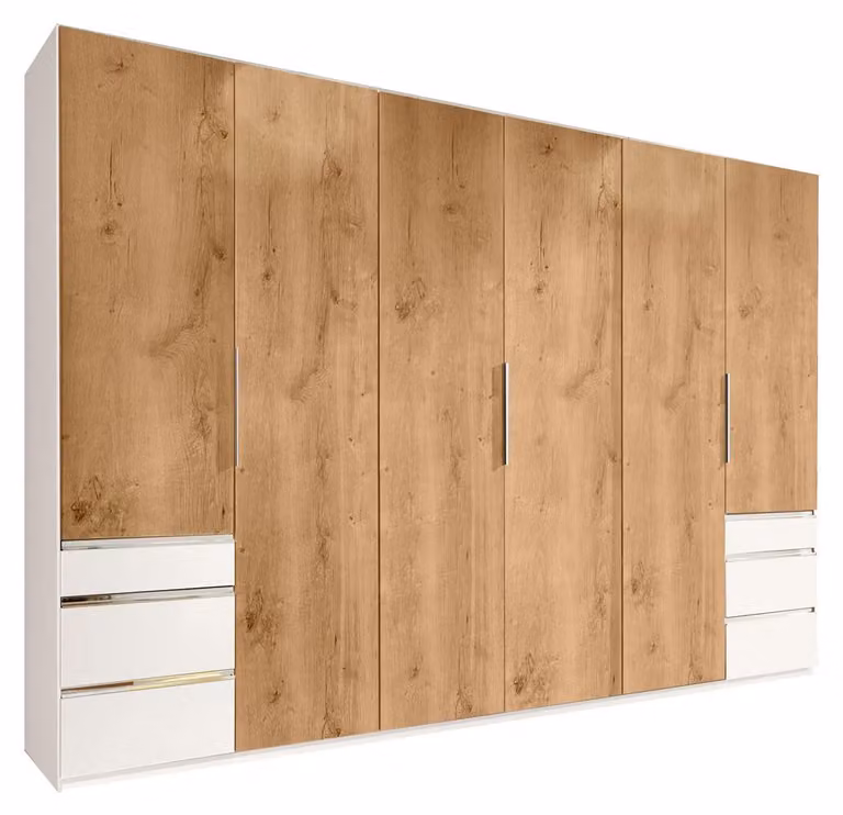Armadio Level con ante a battente e cassetti, disponibile nei colori bianco / rovere a doghe