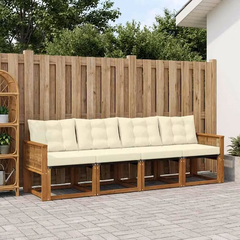 Set di divani da esterno vidaXL 5 pezzi in legno di acacia con tavolino e cuscini, colori beige, bianco e marrone