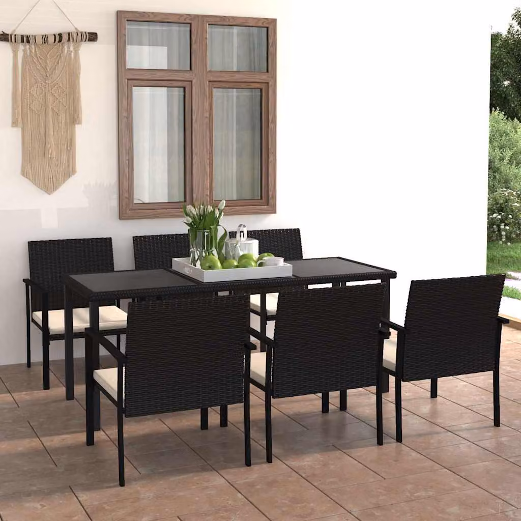 Set da pranzo da giardino vidaXL in 7 pezzi in polyrattan nero e beige con piano in vetro e design moderno – 1