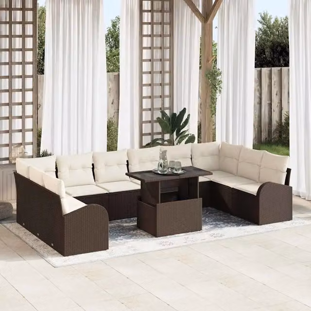 Set Divano da Giardino a Forma di U con 11 Pezzi vidaXL in Rattan Marrone e Cuscini Beige – 1