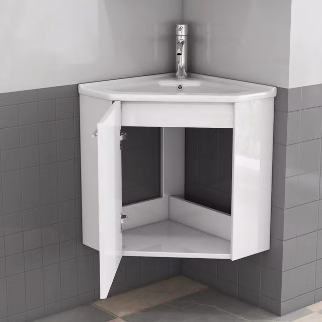 Mobile sottolavabo angolare con lavabo in ceramica paraschizzi e ante ammortizzate per bagno in MDF bianco lucido