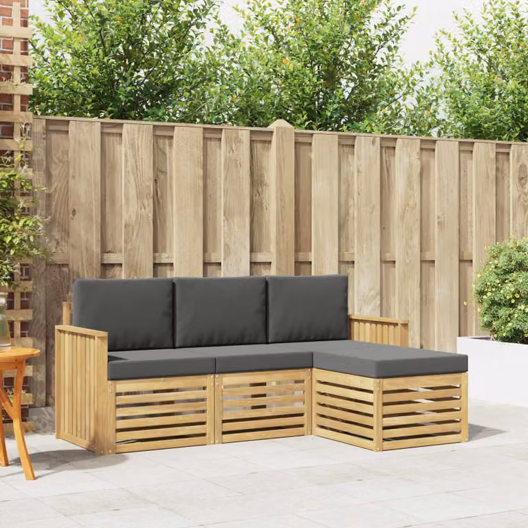 Set di divani da esterno vidaXL a forma di L con pouf, in legno di acacia e tessuto bianco e antracite