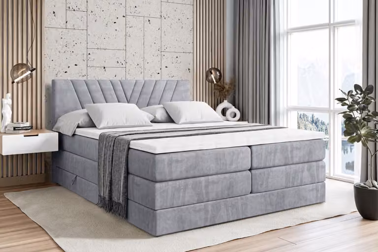 Letto boxspring ALTDECOR con 2 materassi e topper - 200x200 cm - ERNINA KING - Velluto grigio chiaro - Letto imbottito con materassi H3 e H4, contenitore e rete a doghe, letto con spazio di stivaggio