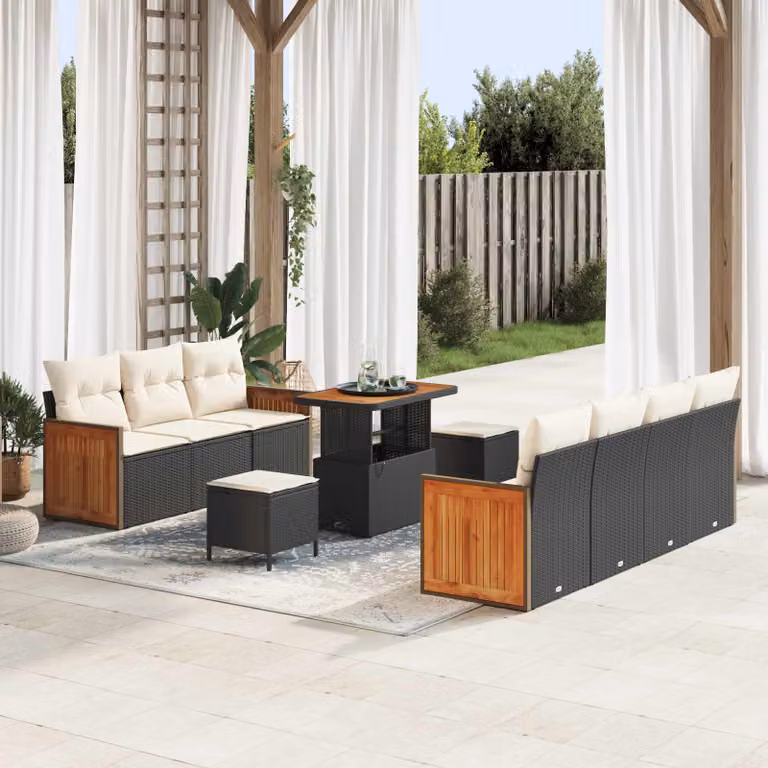 vidaXL Set Divano da Giardino 10 Pezzi con Cuscini Nero e Beige in Acciaio Verniciato a Polvere
