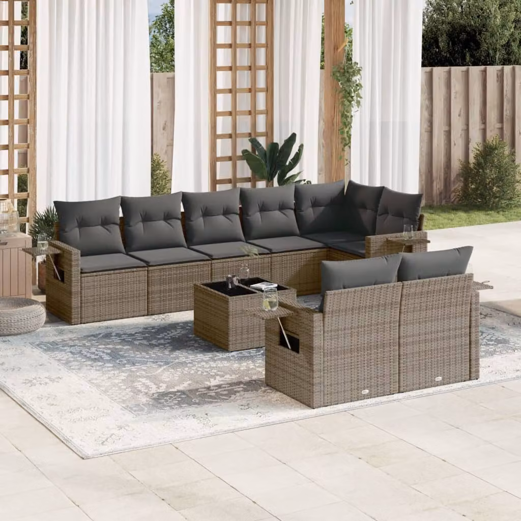 vidaXL Set Divano da Giardino 9 pz in Polyrattan Grigio con Cuscini e Tavolino – 1