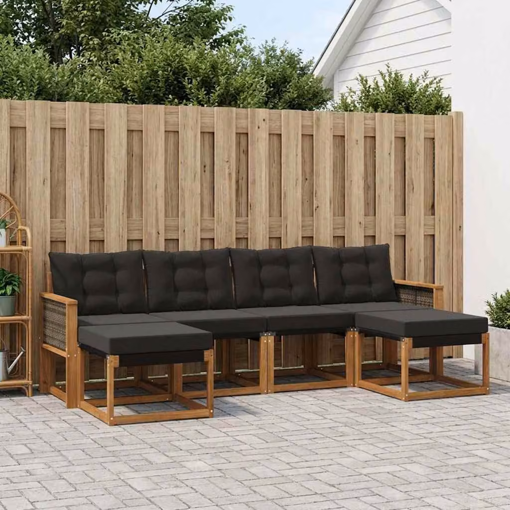 vidaXL Set di divani da esterno a L in legno di acacia con pouf e cuscini, Marrone e Nero