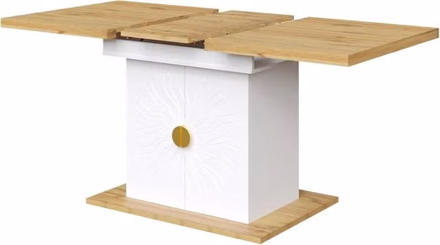 Tavolo da pranzo allungabile in MDF con rilievo a sole, 110(140) x 70 x 76 cm, base con ripiani portaoggetti