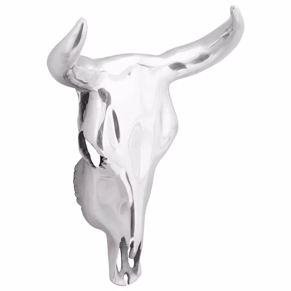 vidaXL Teschio di toro decorativo in alluminio argento L: 34 cm, P: 13 cm, H: 53 cm
