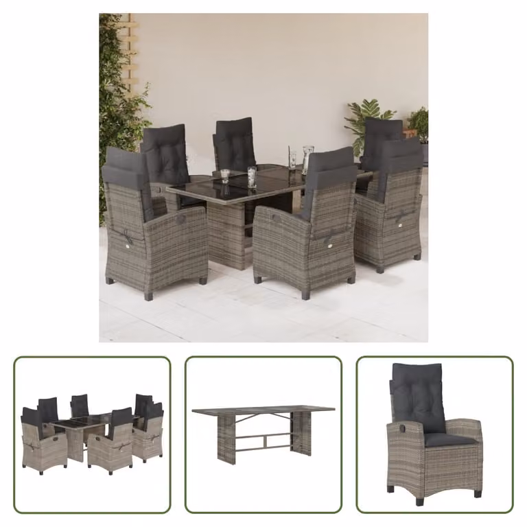The Living Store Set da pranzo da giardino 7 pezzi con cuscini in poly rattan grigio