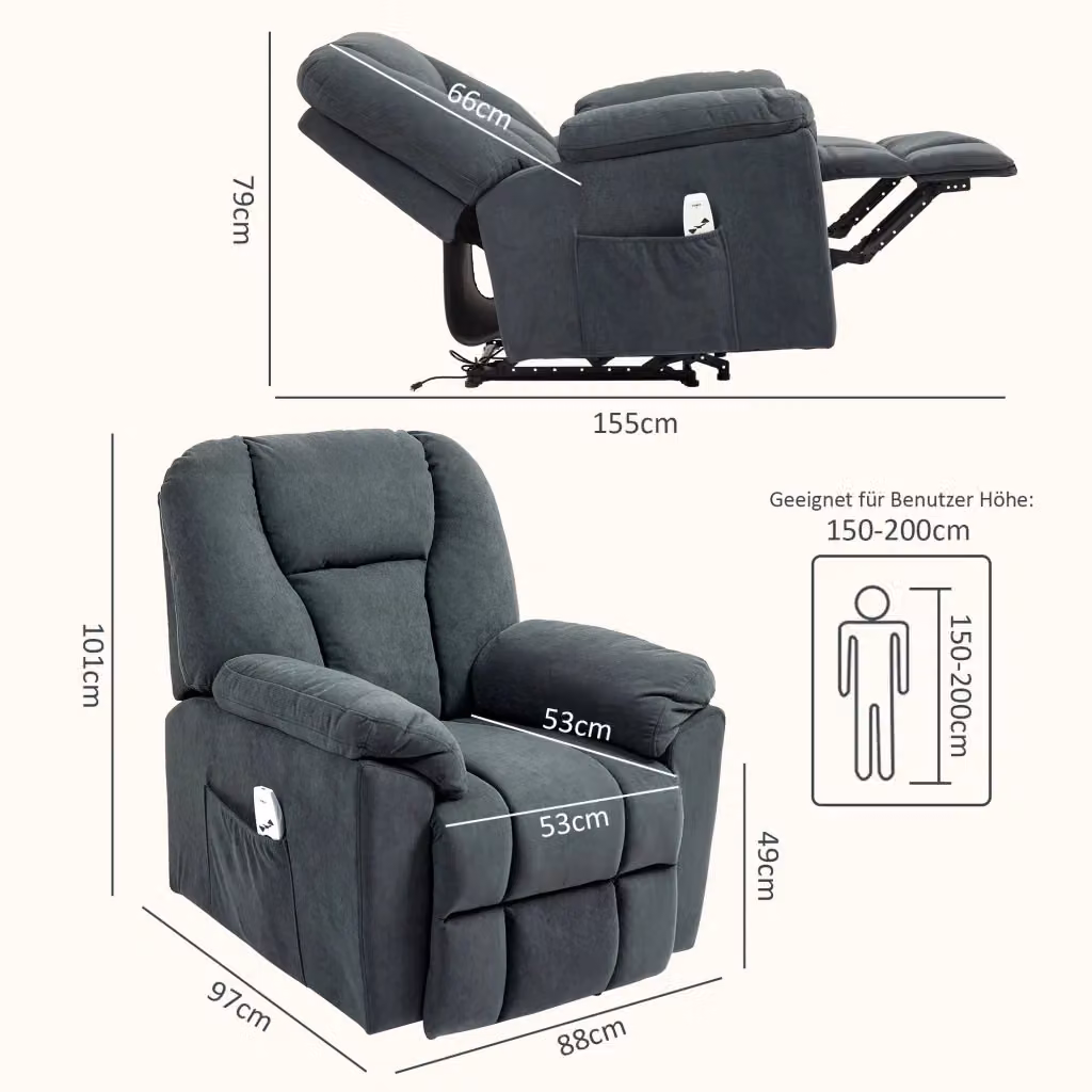 Poltrona relax elettrica reclinabile WISHDOR in tessuto grigio con massaggio, riscaldamento lombare, porta USB e tasche laterali – 2