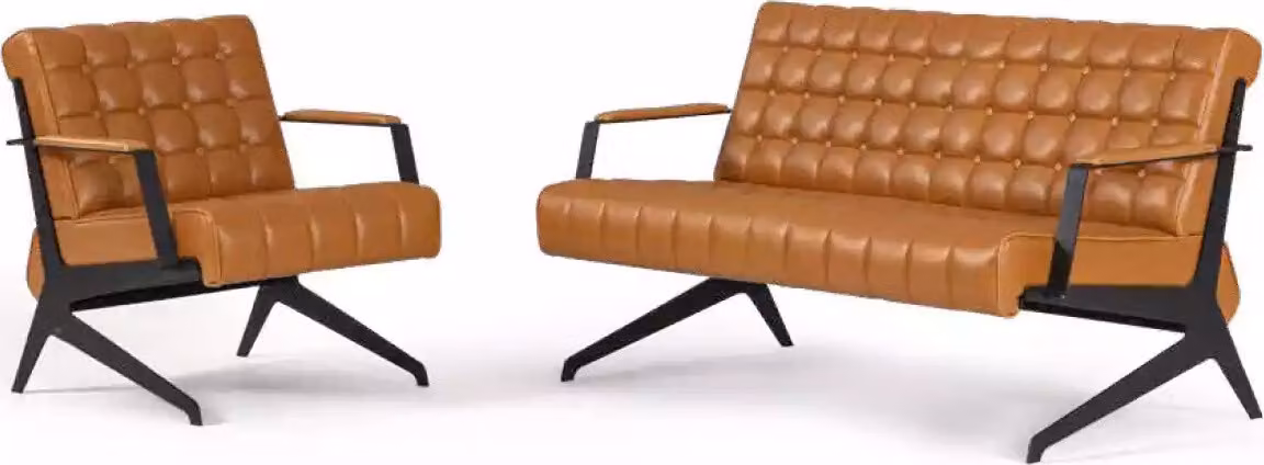 Hellbraune Arbeitszimmer Sitzgarnitur Zweisitzer Sessel Bürogarnitur 2+1