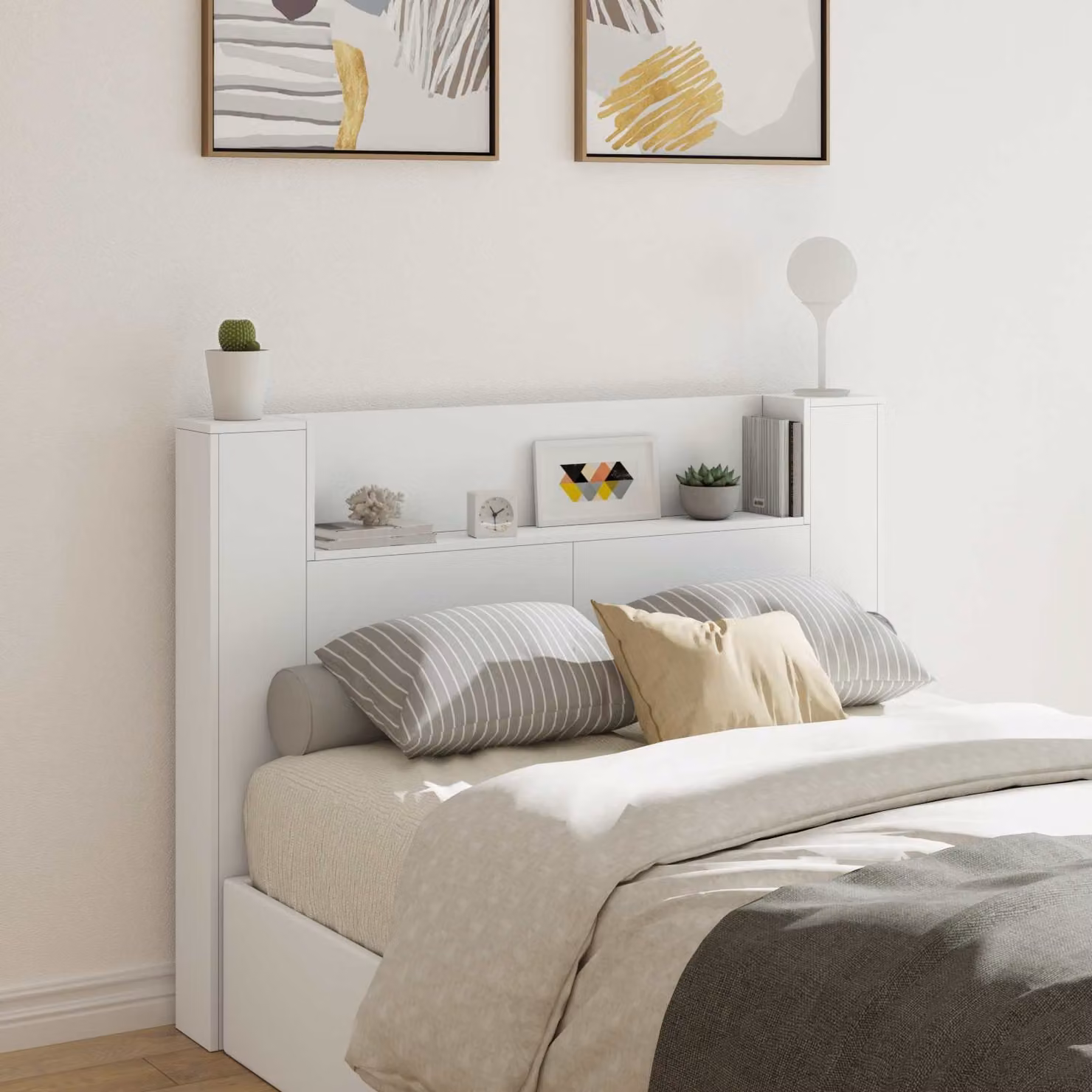 Testata del letto con mobile e illuminazione LED bianca vidaXL in legno ingegnerizzato L: 140 cm, H: 103,5 cm, P: 16,5 cm