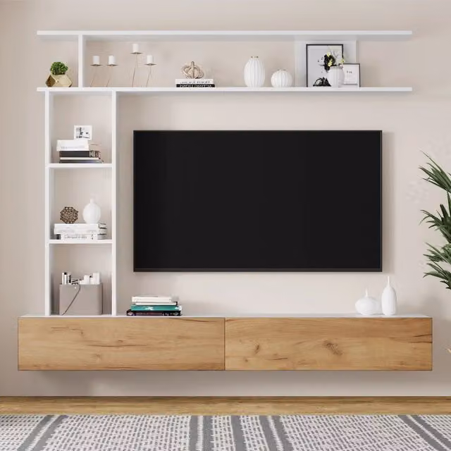 Mobile TV Chicfurn moderno con 2 ante e ripiani aperti, bianco e legno, sospeso o da terra, L: 180 cm, P: 35 cm, H: 22,5 cm