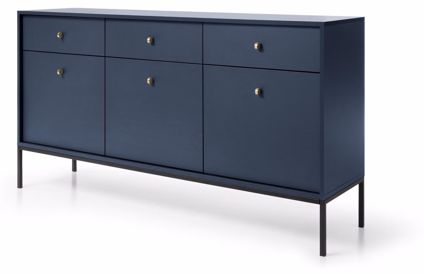 Comodino con tre cassetti e tre ante, colore blu navy, maniglie nere