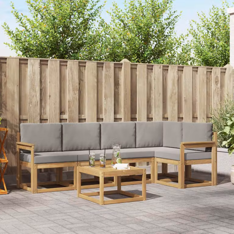 Set di divani da esterno vidaXL a forma di L composto da 6 pezzi con tavolo da caffè, struttura in legno di acacia e cuscini inclusi, Bianco e Grigio Chiaro