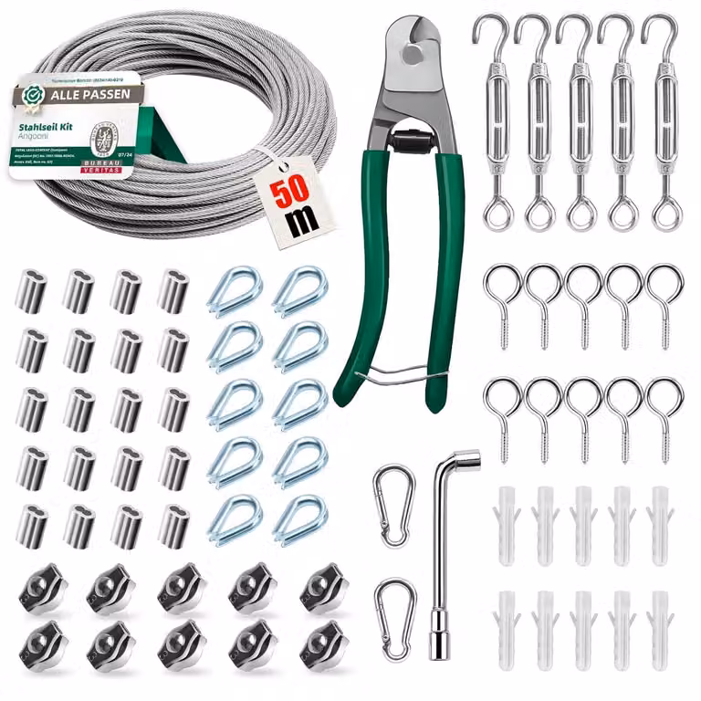 Kit di cavi in acciaio, 70 pezzi, 50 metri, diametro 3 mm, in acciaio inossidabile, con accessori per diverse applicazioni