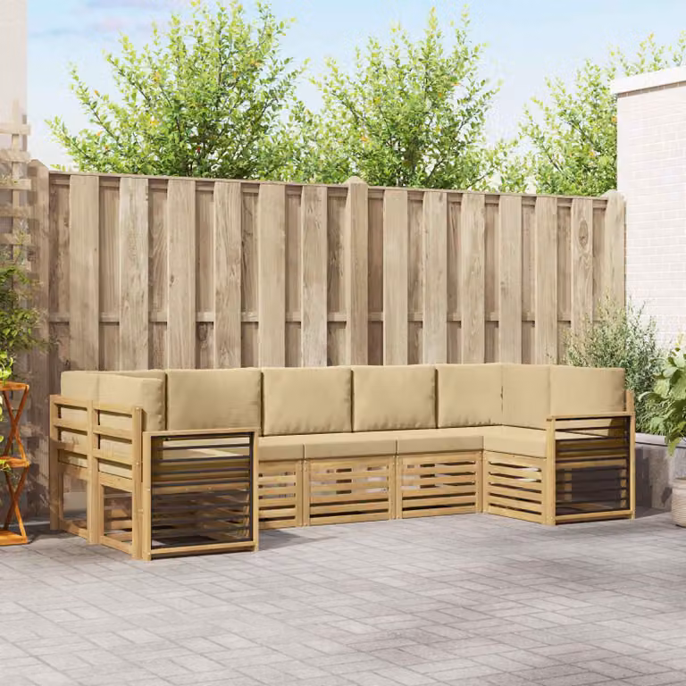 vidaXL Set di divani da esterno a forma di U composto da 7 pezzi in legno di acacia con cuscini bianchi e beige