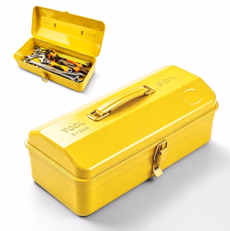 Custodia per attrezzi piccola, in metallo, dimensioni 37x16x12 cm, con coperchio e maniglia per il trasporto
