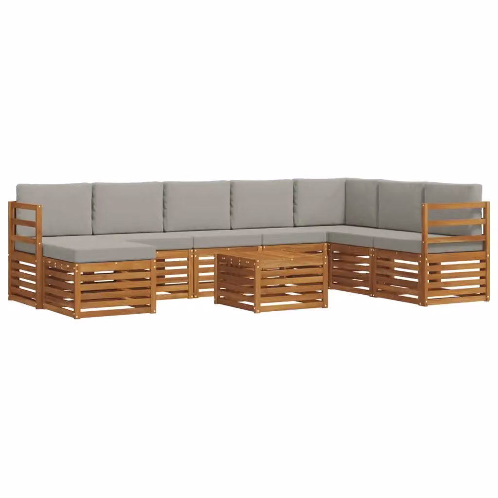 Set di divani da esterno a L vidaXL in legno di acacia con cuscini grigi, composto da 9 pezzi con tavolino e pouf – 2