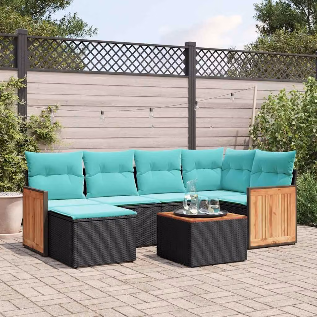 Set da giardino vidaXL in polyrattan composto da 7 pezzi con cuscini, divano a 2 posti, elementi angolari, pouf e tavolino da caffè, colore nero e blu turchese