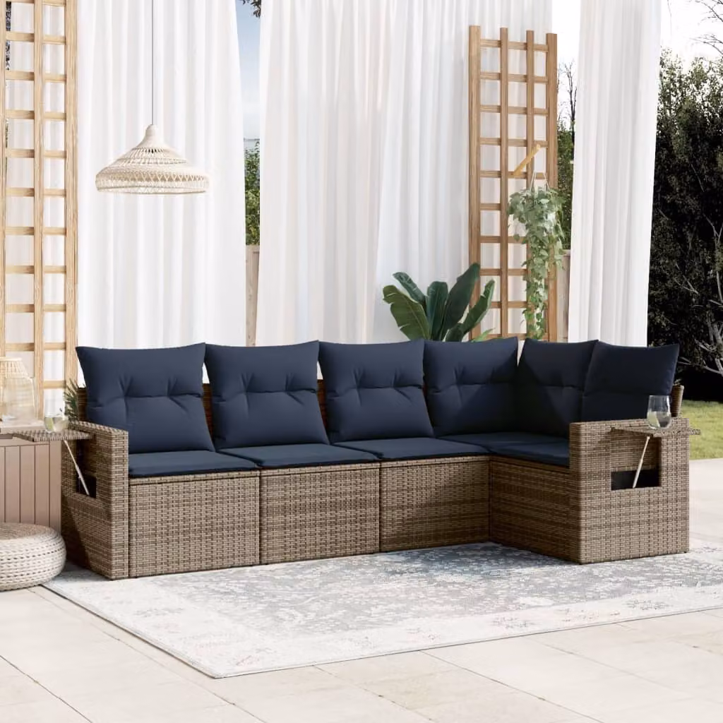 Set di divani da giardino vidaXL in 5 pezzi con cuscini in polyrattan e struttura in metallo, colore grigio e blu, design moderno a forma di L per esterno