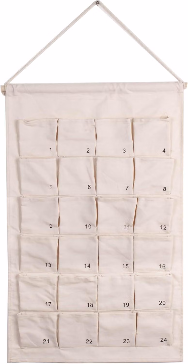 Calendario dell'Avvento in tessuto con 24 tasche numerate - 67 x 42 cm - Calendario da parete bianco, da appendere, da riempire con decorazioni natalizie