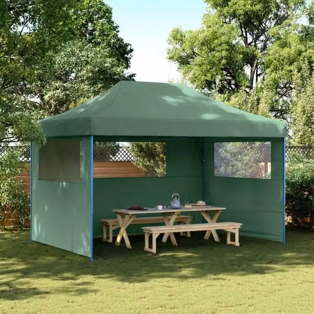 Tendone per feste pieghevole pop-up Videx con 3 pareti verde, blu e trasparente L/P/H: 410 x 279 x 315 cm