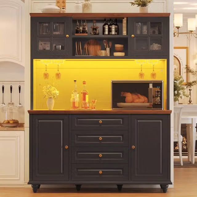 Mobile colonna da cucina con LED RGB ripiani regolabili portabicchieri in metallo MDF nero 140 × 40 × 179;5 cm
