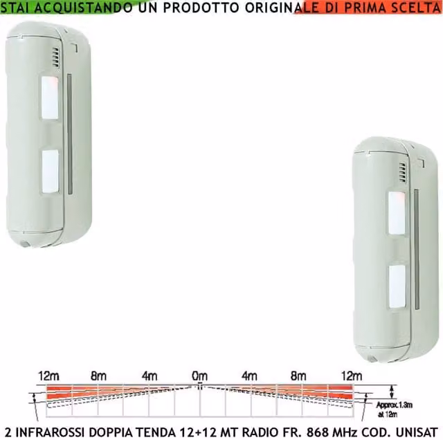 Set di 2 Rilevatori di Movimento Securvera con Doppio Sensore Infrarosso a Tenda, Portata 12+12 Metri, IP55, Frequenza 868 MHz Bidirezionale e Tecnologia Anti Jamming, Colore Bianco/Multicolore