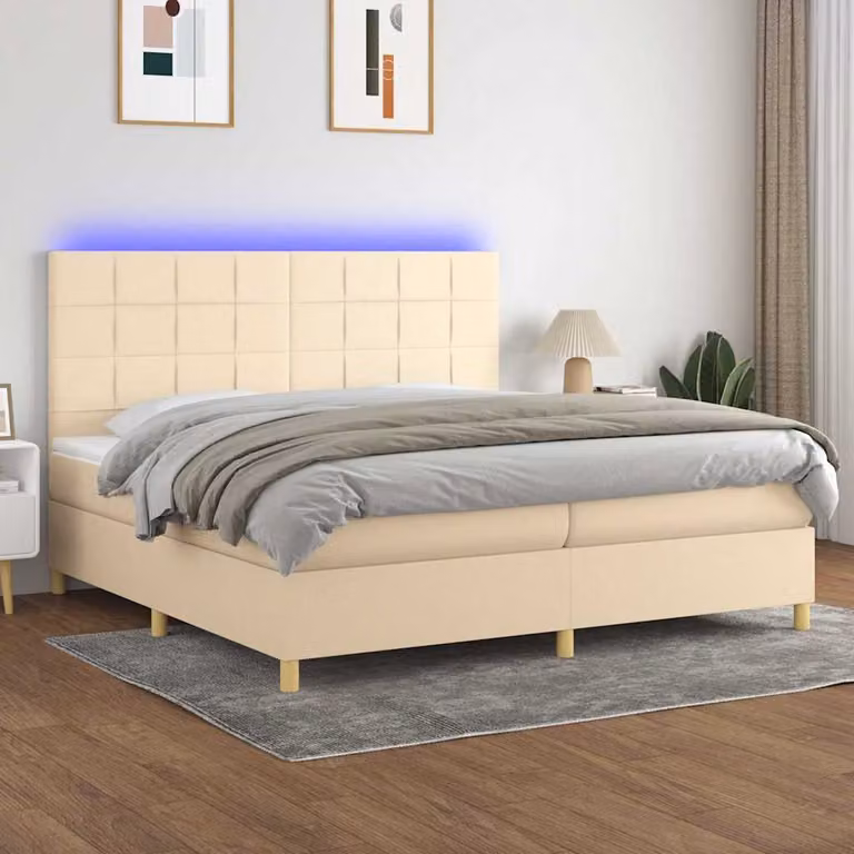 Letto Ibrido con Materasso e Illuminazione LED vidaXL in Tessuto Bianco e Beige L: 200 cm, P: 200 cm, H: 128 cm