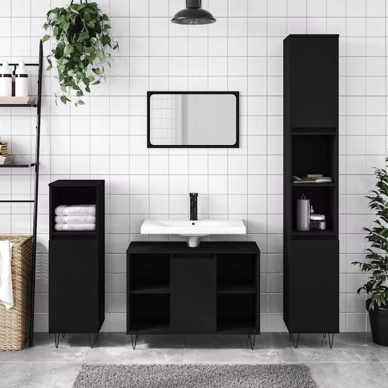 Mobile da bagno vidaXL in stile industriale nero con ante a cerniera e ripiani interni, L 80 cm x P 33 cm x H 60 cm
