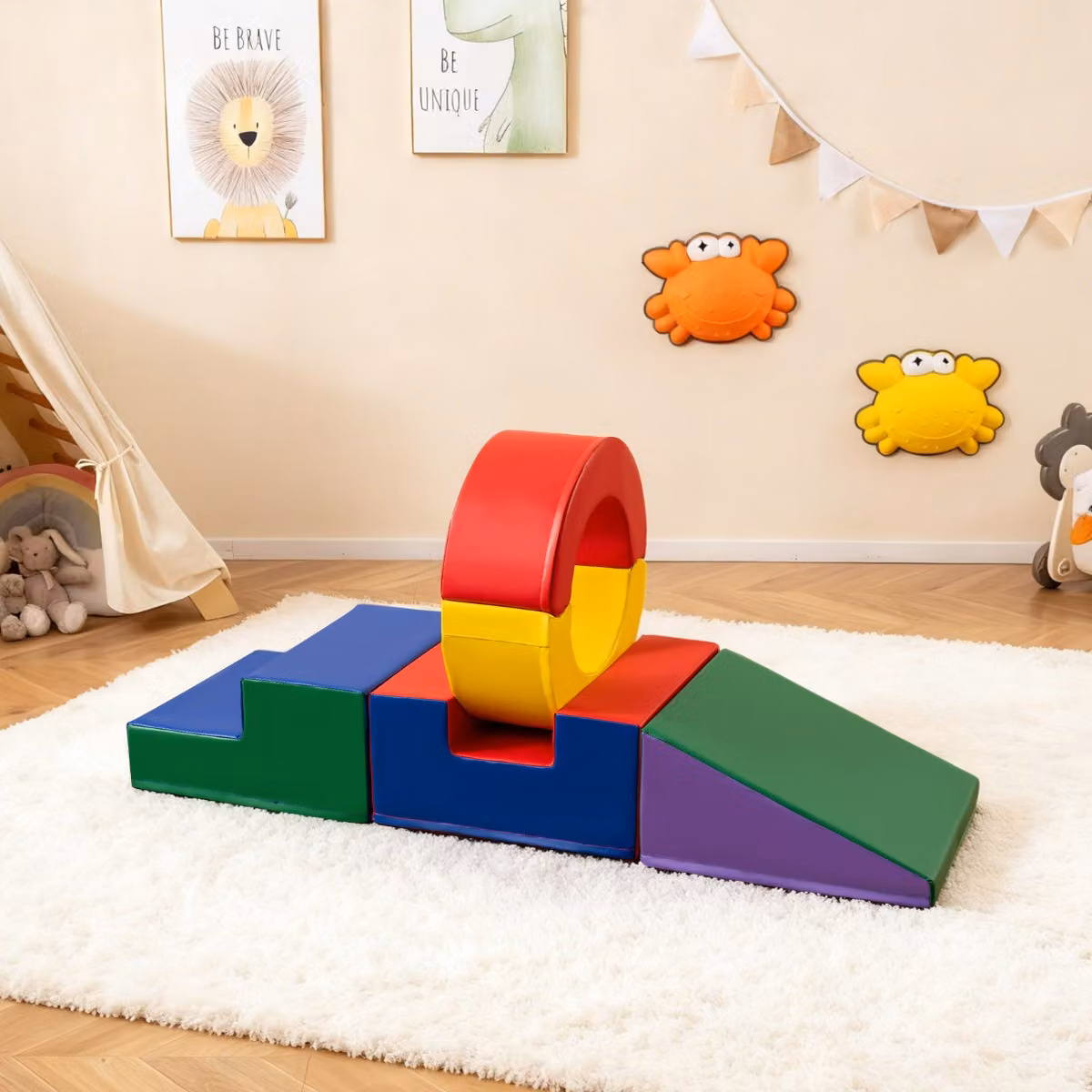 Costway Palestra modulare da interno multicolore con rivestimento in pelle PU e set di 5 giochi da arrampicata per bambini dai 12 mesi in su