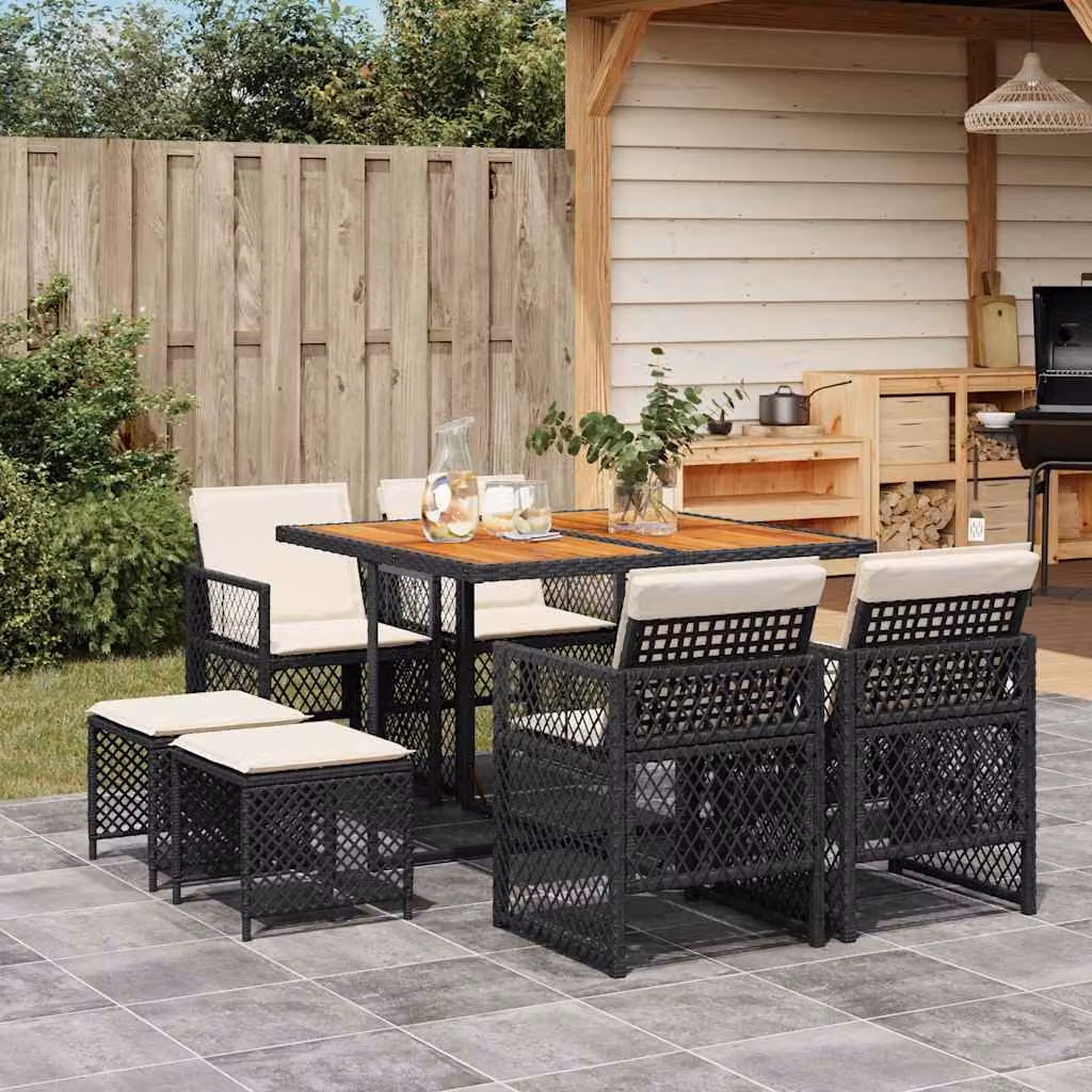 vidaXL Set da Pranzo da Giardino 9 pz in Polyrattan e Legno di Acacia con Cuscini Nero e Bianco – 1