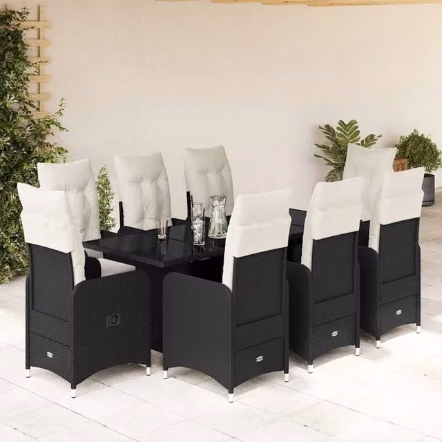 Set Bistrò da Giardino vidaXL 9 pz in Polyrattan Nero con Piano in Vetro