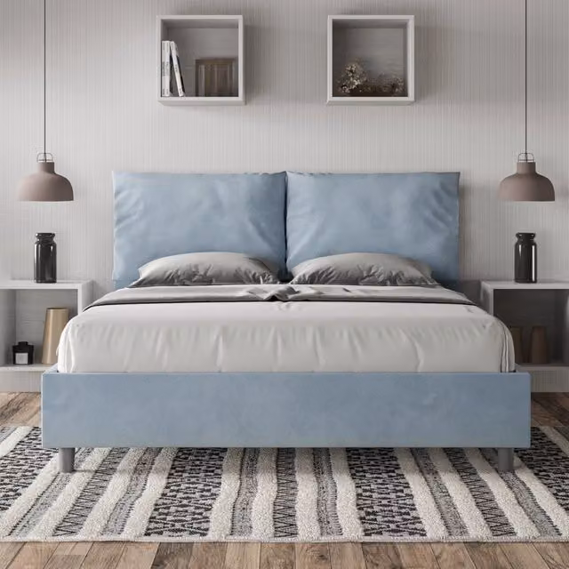 Letto queen size senza rete imbottito 150x210 microfibra azzurro Antea Large