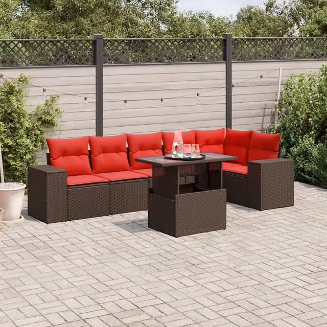 Set da giardino vidaXL composto da 7 pezzi in rattan marrone con cuscini inclusi e struttura in acciaio verniciato a polvere
