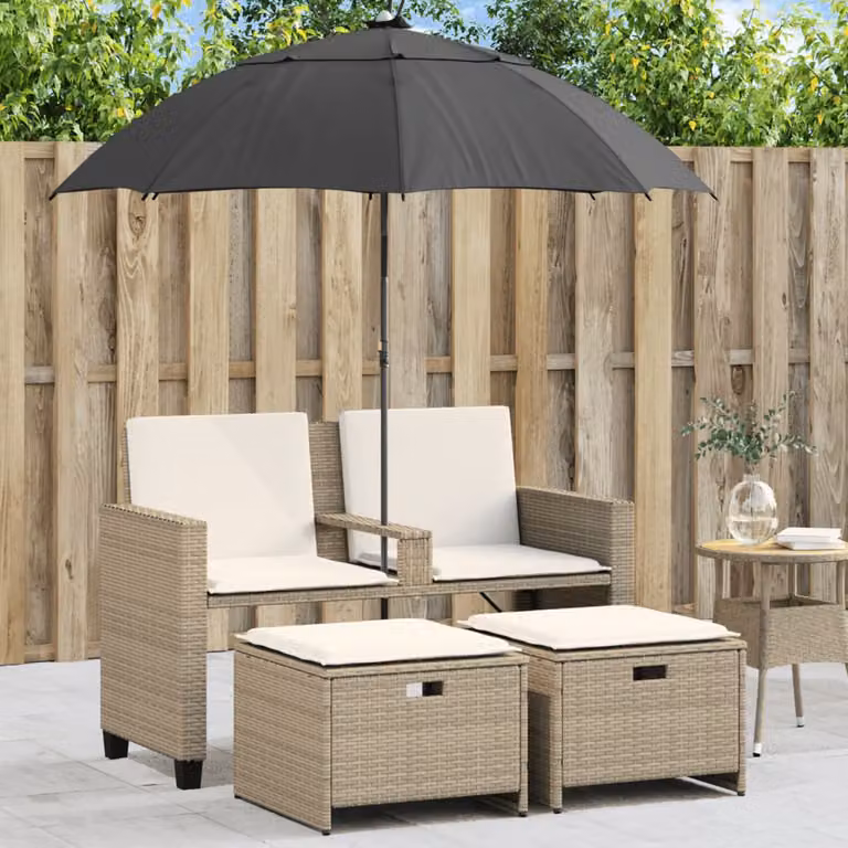Set da giardino vidaXL con divano a 2 posti, sgabello e ombrellone in rattan beige e struttura in metallo