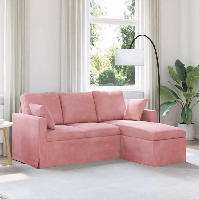 Divano angolare moderno vidaXL in velluto rosa con cuscini inclusi e coperture rimovibili L: 178 cm, P: 134 cm, H: 80 cm