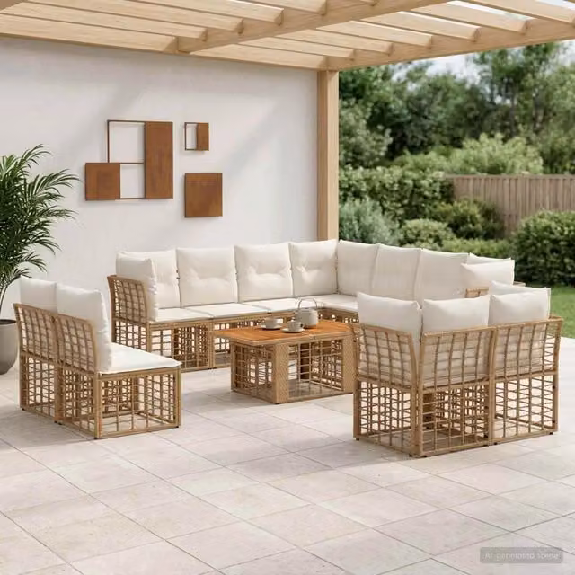 Set Divano da Giardino a L con Tavolino vidaXL, 12 Pezzi in Polyrattan Bianco e Beige con Cuscini Imbottiti e Coperture Rimovibili