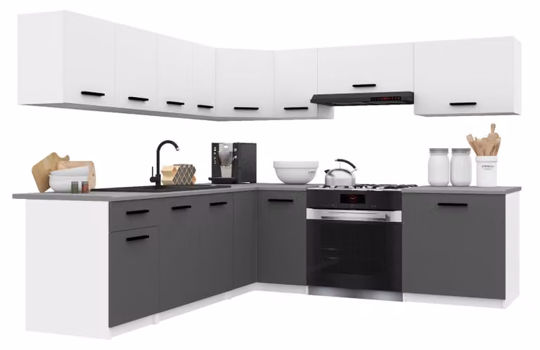 Belini - Angolo cottura moderno ITALIA 7 - Mobili da cucina 420 cm bianco-grigio opaco - Cucina componibile con pensili, mobili base e piani di lavoro