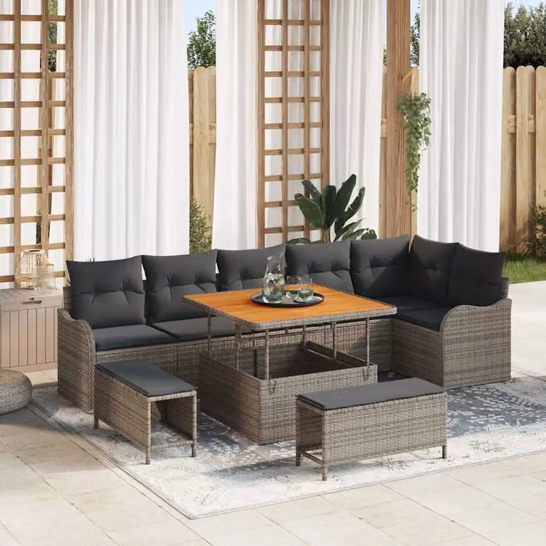 Set Divano da Giardino vidaXL a 9 Pezzi con Cuscini e Tavolino, Design Moderno a Forma di U, Colore Grigio