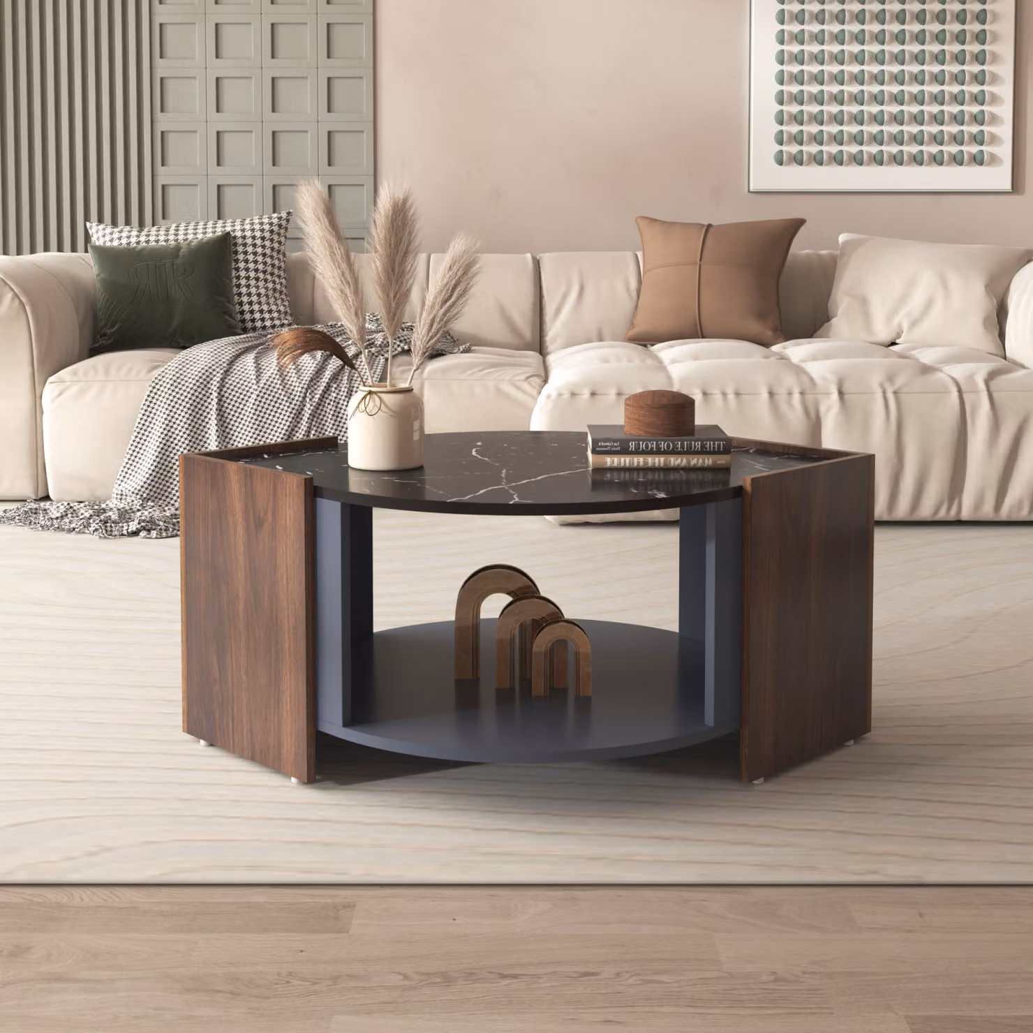 Tavolino 96,5x63x40cm, piano in marmo, noce a contrasto, tavolo da salotto dalle linee uniche