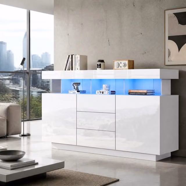 Sideboard moderno bianco lucido 140x35x80 cm con illuminazione LED a 16 colori, 3 cassetti e 2 ante scorrevoli