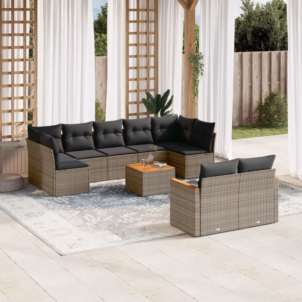 Set Divano da Giardino vidaXL 10 pz a forma a U in Polyrattan Grigio con Cuscini e Tavolino – 1