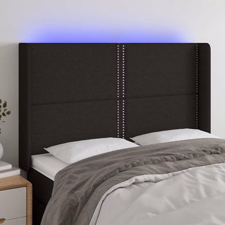 Testiera per letto vidaXL in tessuto nero con illuminazione LED integrata e porta di ricarica USB, L 147 cm, P 16 cm, H 118/128 cm