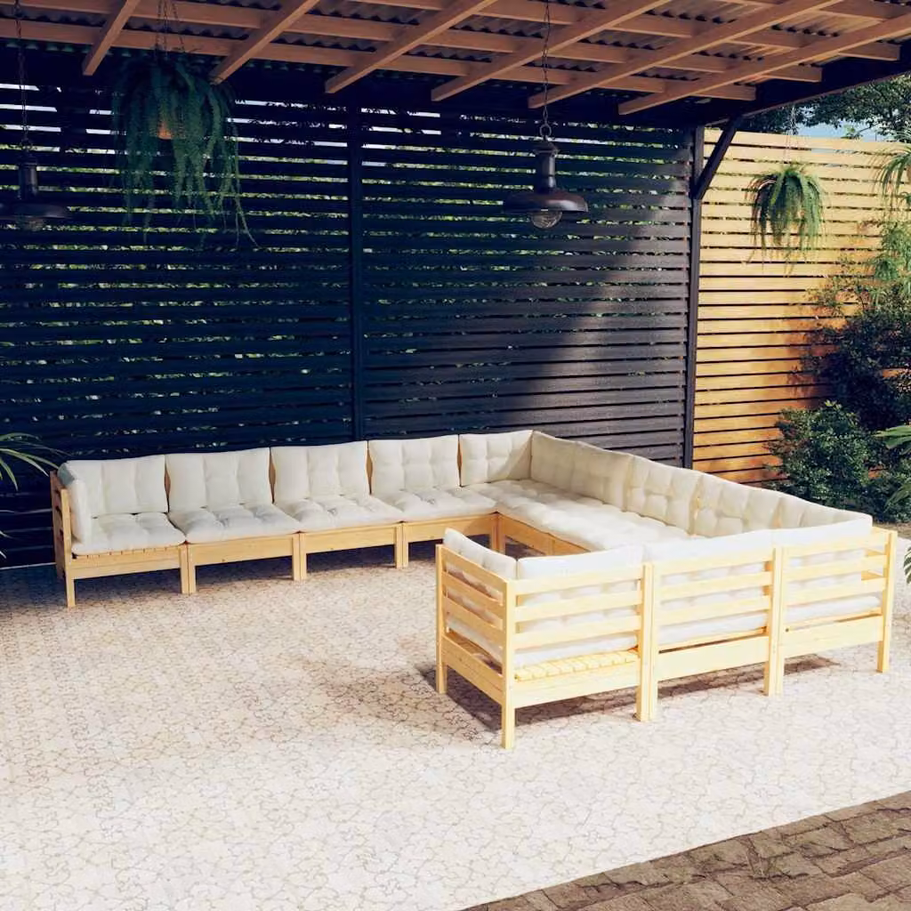 vidaXL Set Divani da Giardino 11 pz in Legno di Pino Massello con Cuscini Beige a Forma di L