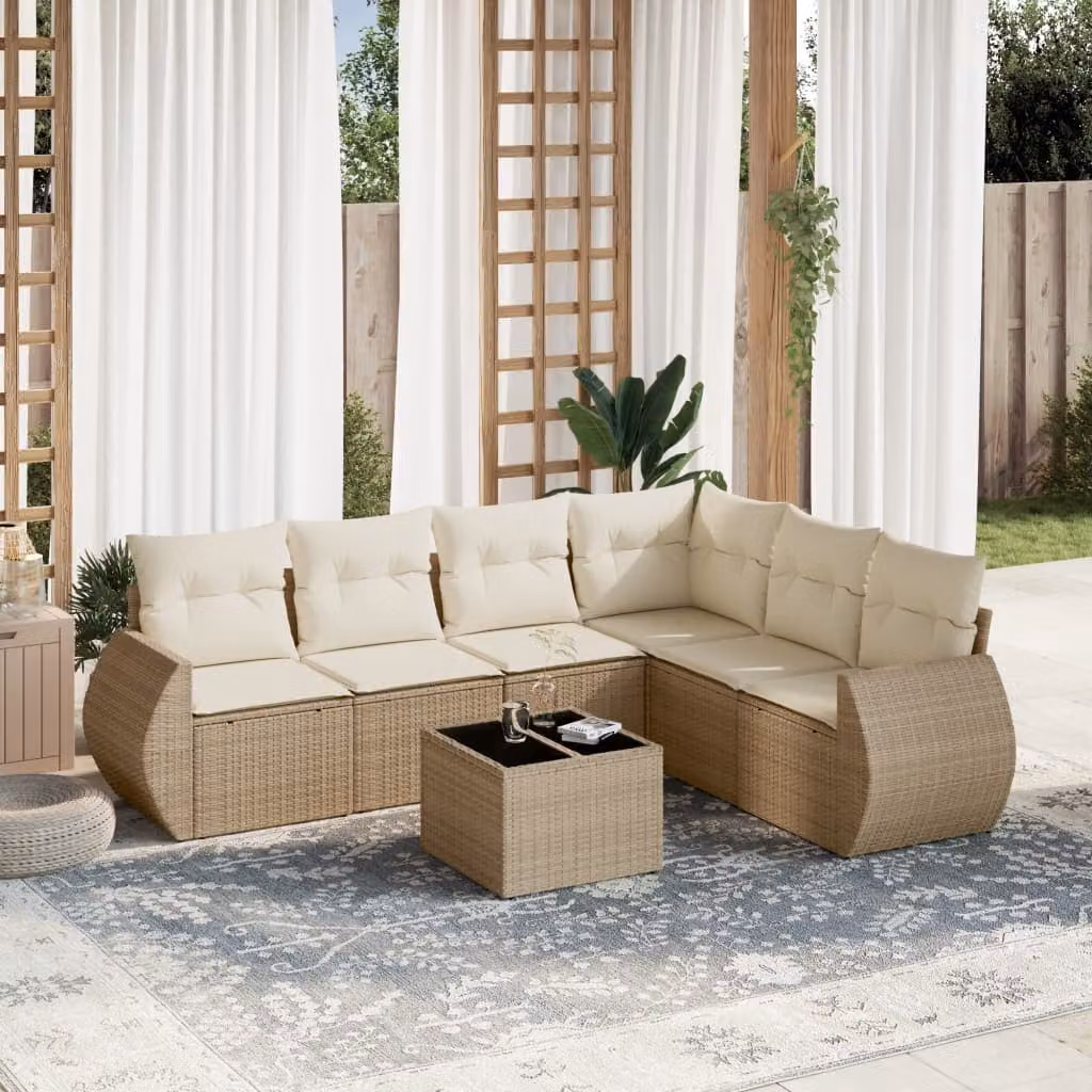 Set di divani da giardino vidaXL a forma di L composto da 7 pezzi con cuscini beige e tavolino da esterno – 1