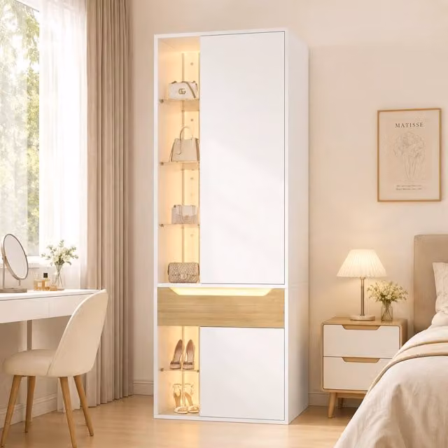 Armadio 75 x 50 x 200 cm; vetrina in vetro; illuminazione LED; 1 asta appendiabiti; 1 cassetto; 6 scomparti aperti; bianco
