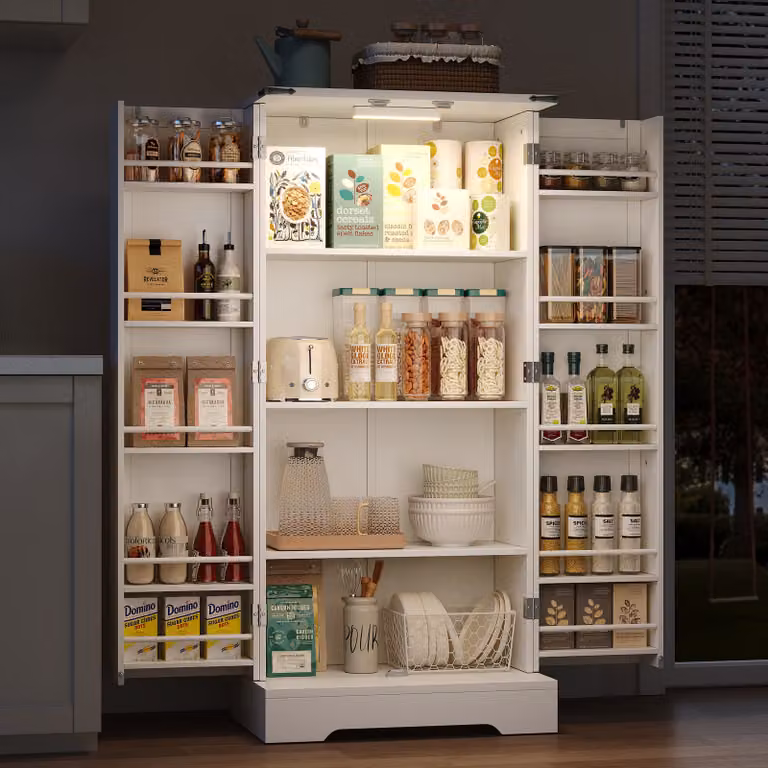 Armadio alto Flieks con LED 60x35x128,5 cm, mobile buffet da cucina in stile country, credenza per cucina con ripiani regolabili, bianco
